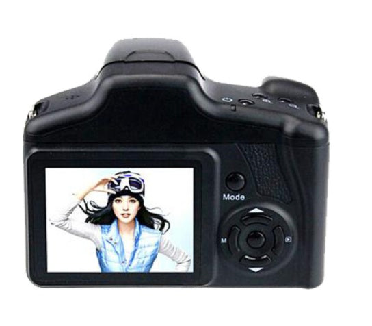 Digital camera with a screen displaying a person wearing goggles on a white background