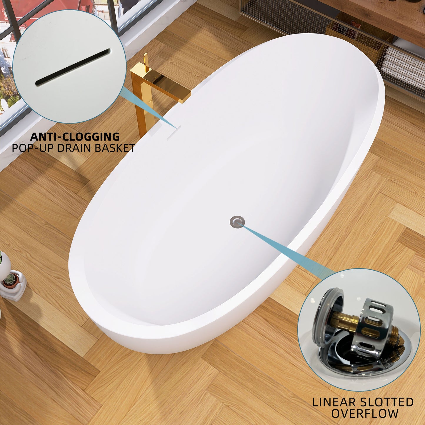 67" Acrylic Freestanding Bathtub Gloss White Modern Stand Alone Soaking Bathtub Adjustable with Integrated Slotted Overflow and Chrome Pop-up Drain Anti-clogging Easy to Install