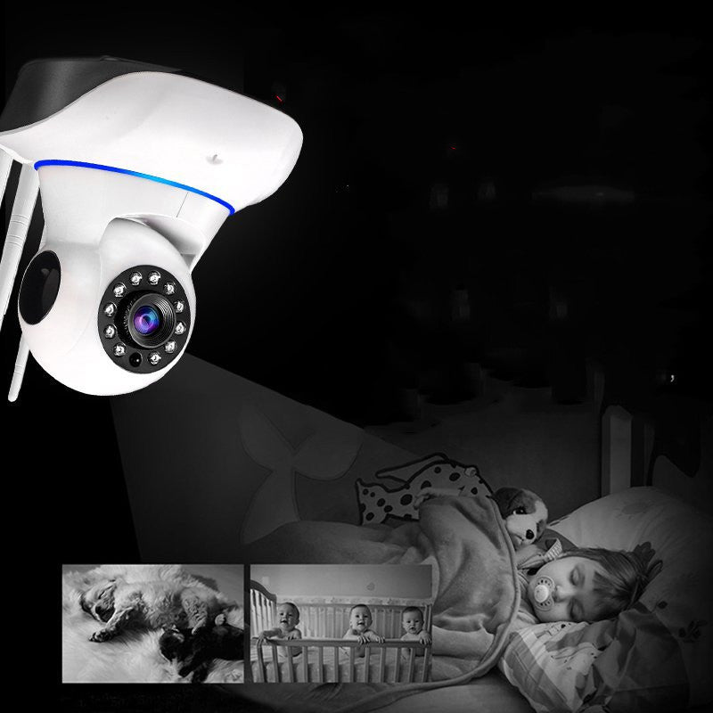 Security camera monitoring a child in bed with a small screen displaying监控 footage.