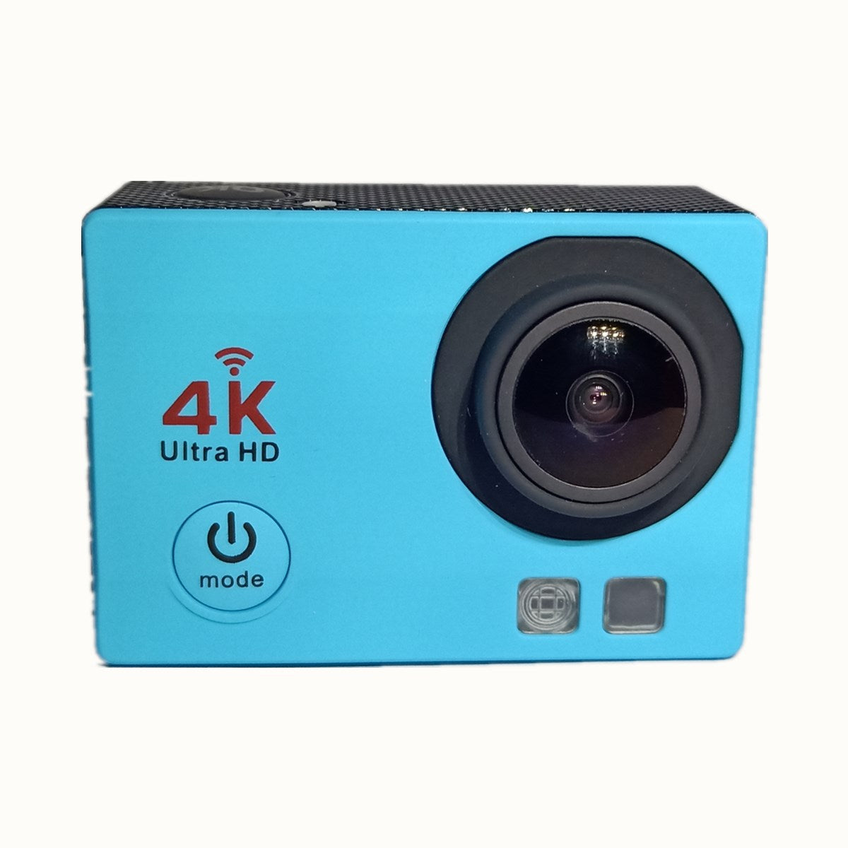 Blue action camera with 4K Ultra HD label on a white background