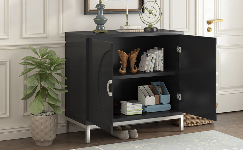 TREXM Simple Storage Cabinet Accent Cabinet with Solid Wood Veneer and Metal Leg Frame for Living Room, Entryway, Dining Room (Black)