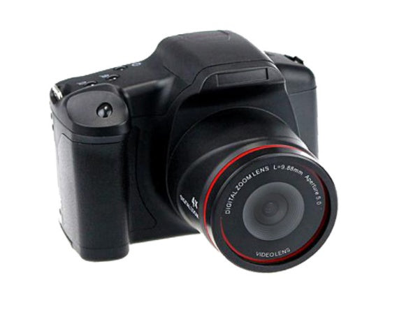 Black digital camera with a red lens on a white background