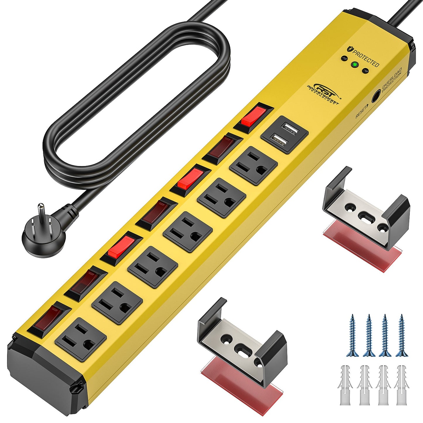 CRST 6 Outlets Individual Switches Mountable Metal Power Strip Surge Protector with Dural USB Ports 6FT Flat Plug Power Cord-0