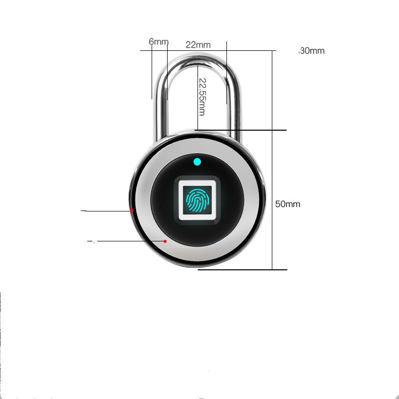 Fingerprint lock with dimensions labeled on a white background