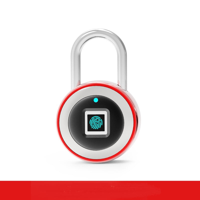 Fingerprint lock with red and silver design on a white background