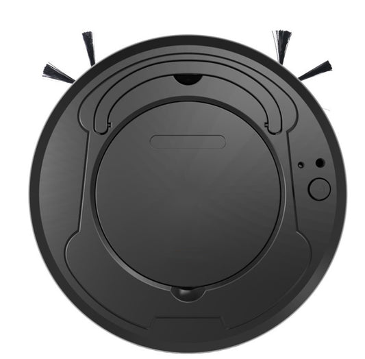 Top view of a black robotic vacuum cleaner on a white background
