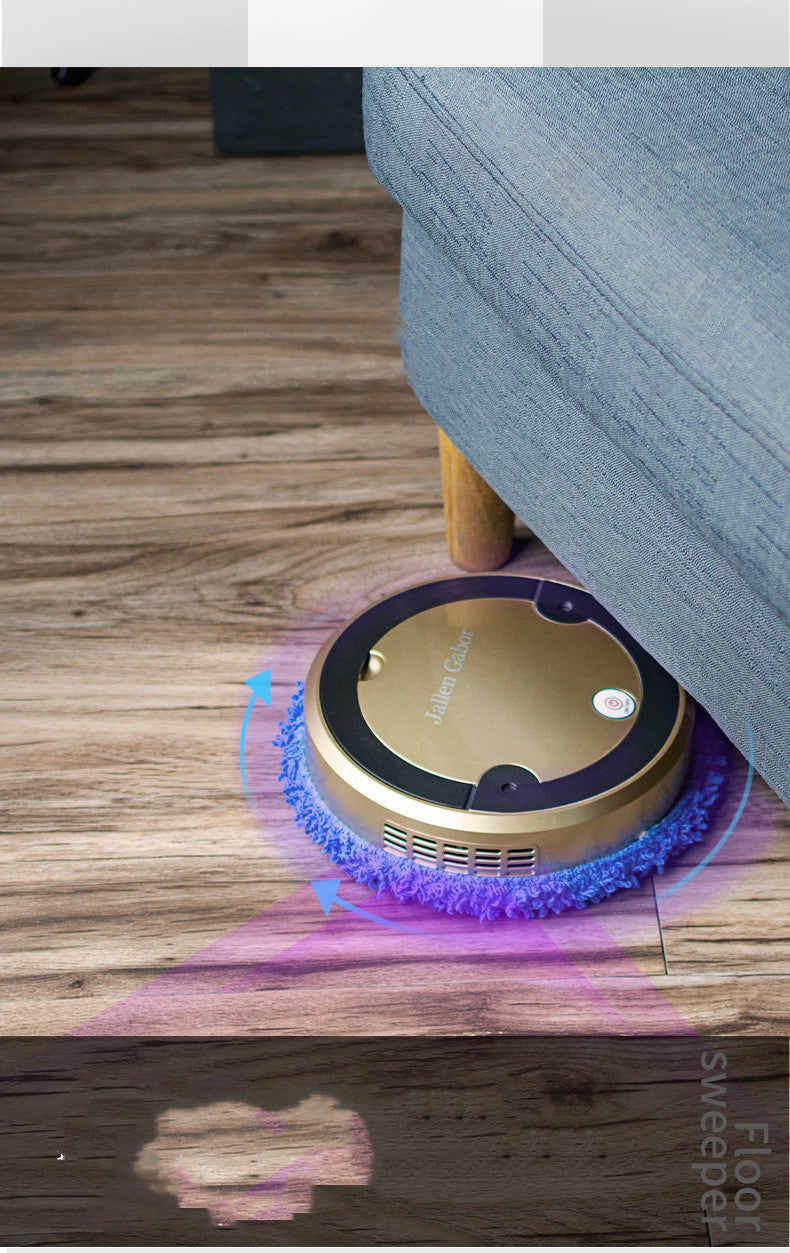 Robotic vacuum cleaner cleaning under a sofa on a wooden floor