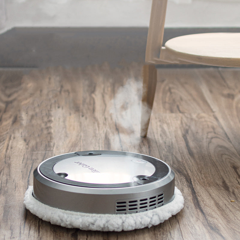 Robotic vacuum cleaner on a wooden floor with a chair in the background