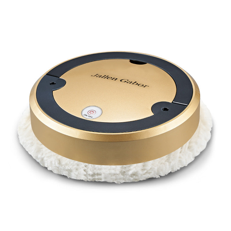 Gold and black robot vacuum cleaner with white brush on a white background