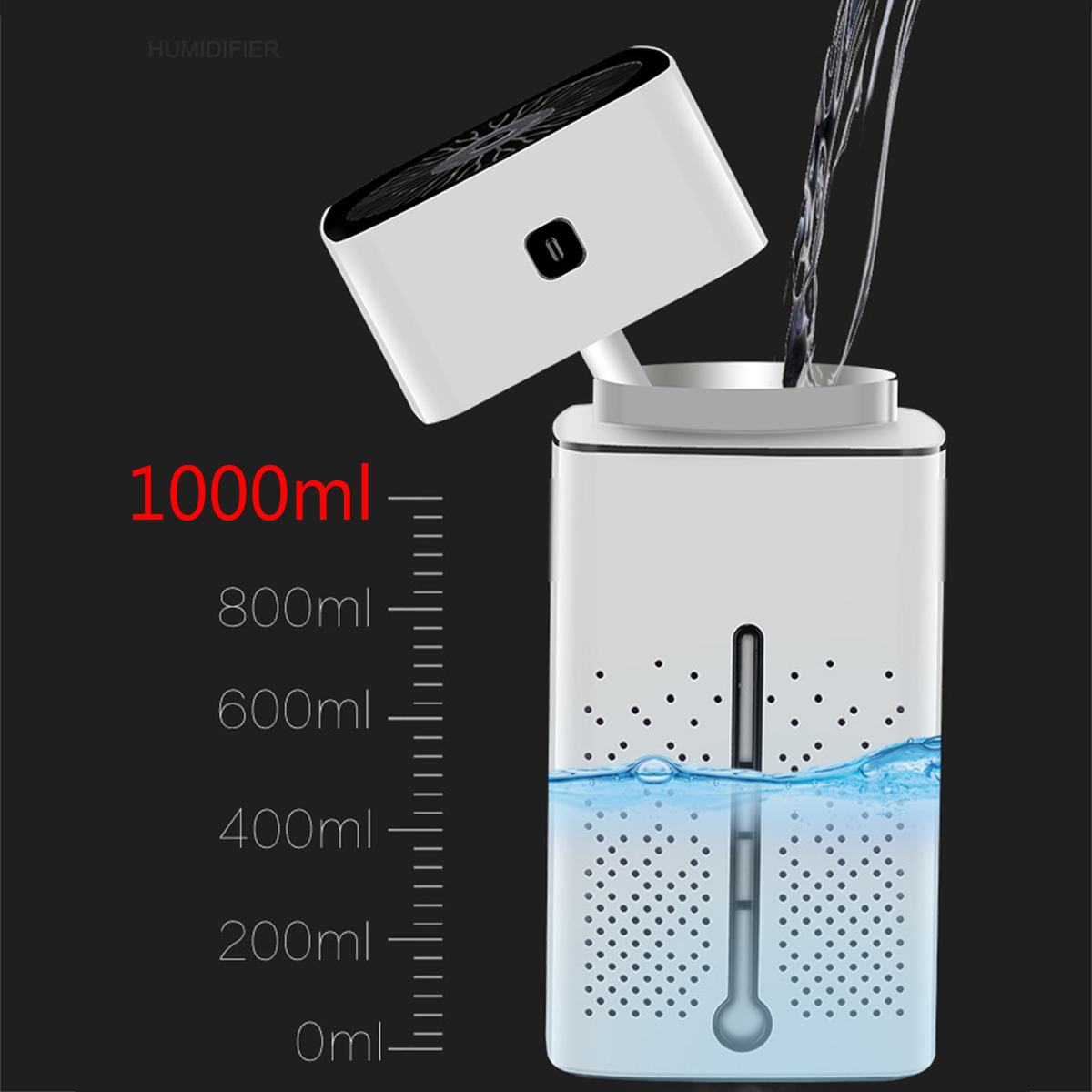 Humidifier with water filling feature and capacity measurement on a black background