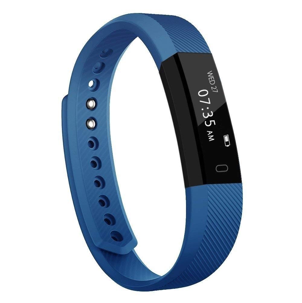 Blue fitness tracker on a white background