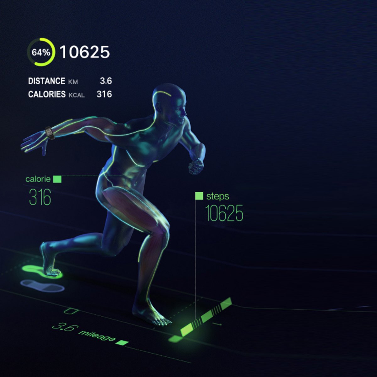 Digital fitness tracker displaying running stats with a silhouette of a runner on a dark background