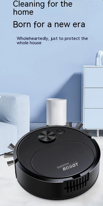 Robotic vacuum cleaner with text about cleaning for the home on a light blue background