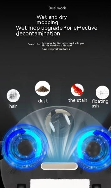 Mopping device with blue lights and text about wet and dry mopping for effective decontamination.