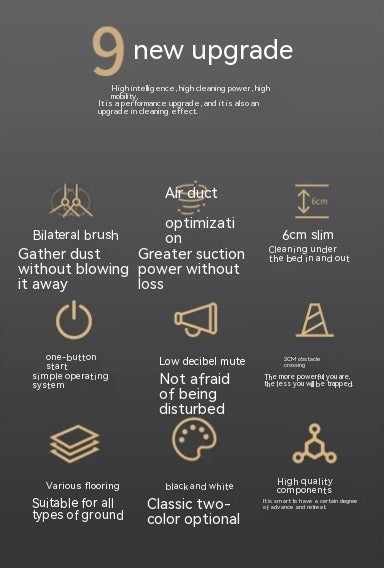 Promotional image of a vacuum cleaner with features listed on a dark background