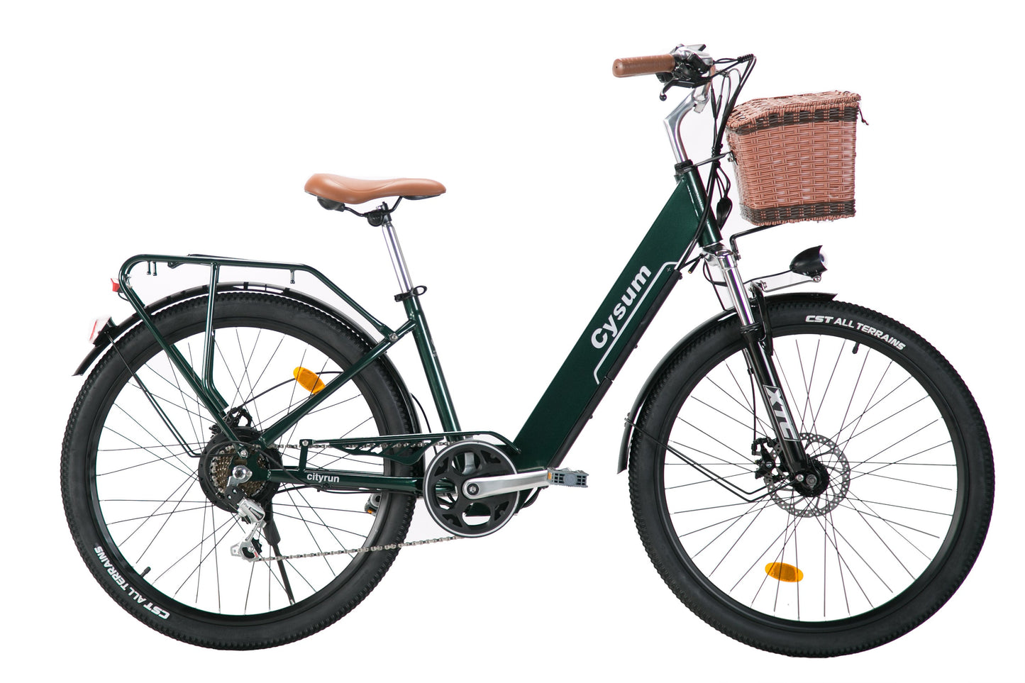 Green bicycle with a basket on a white background. affordable commuter e-bike deals. Raee Industries 