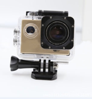 Action camera with clear casing on a white background