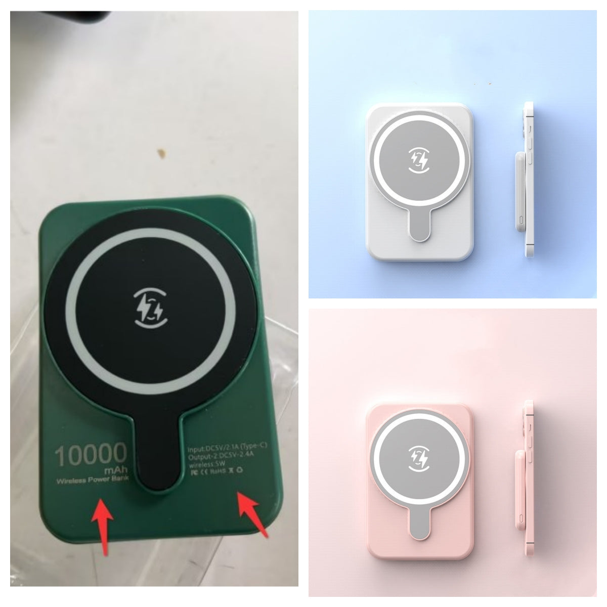 Wireless power bank with charging pad and additional accessories on a light blue and pink background.