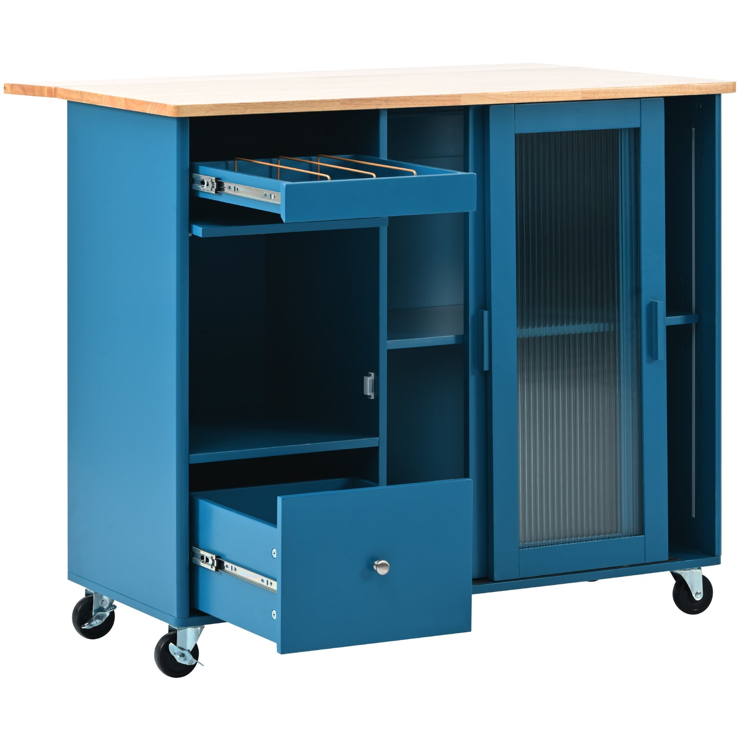 Kitchen Island with Drop Leaf, LED Light Kitchen Cart on Wheels with 2 Fluted Glass Doors and 1 Flip Cabinet Door, Large Kitchen Island Cart with an Adjustable Shelf and 2 Drawers (Navy Blue)