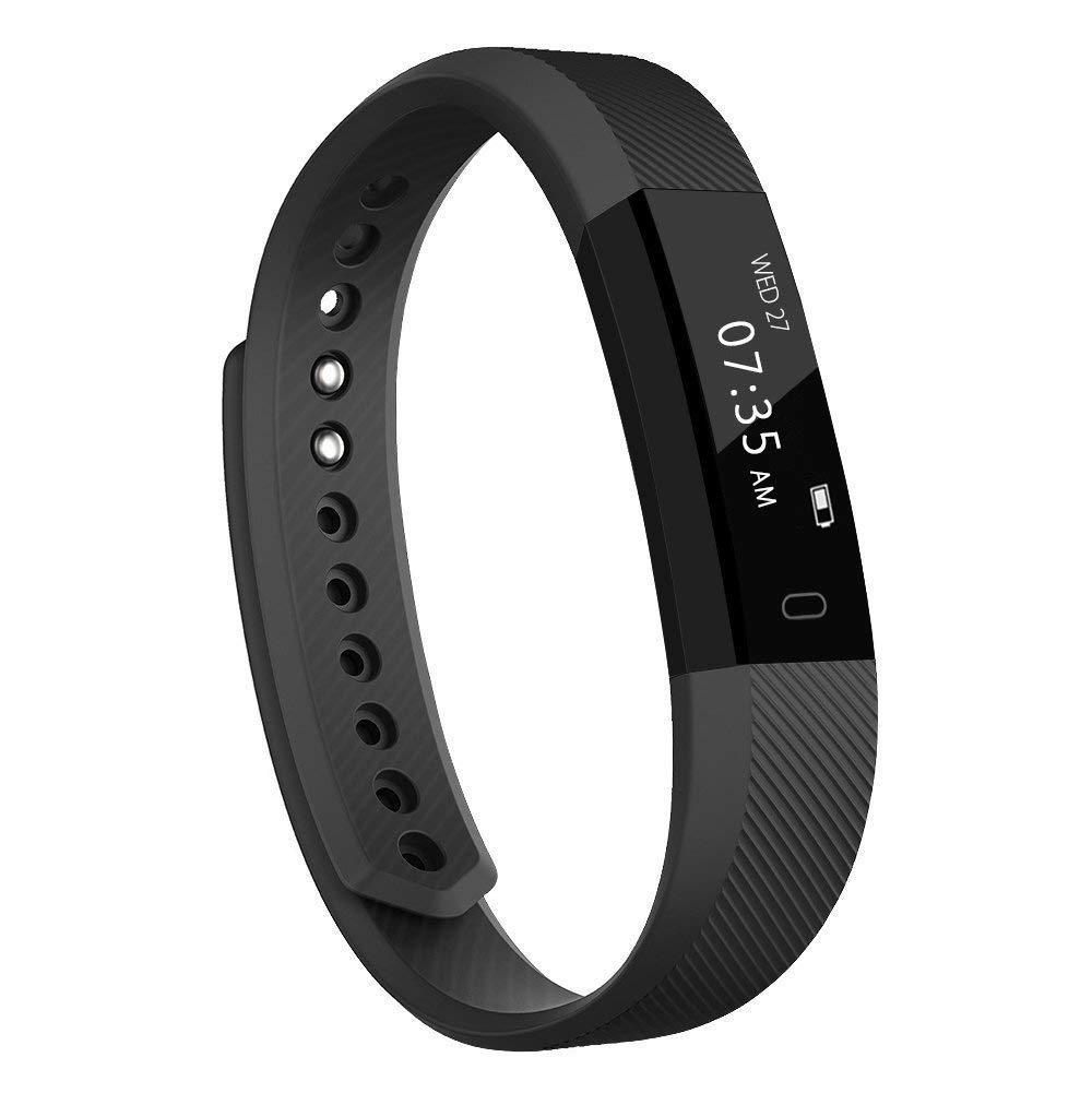 Black fitness tracker on a white background