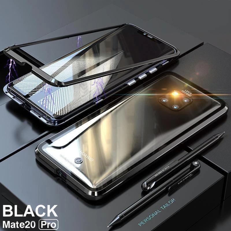 Smartphone with a protective case on a reflective surface, with 'Black Mate20 Pro' branding.