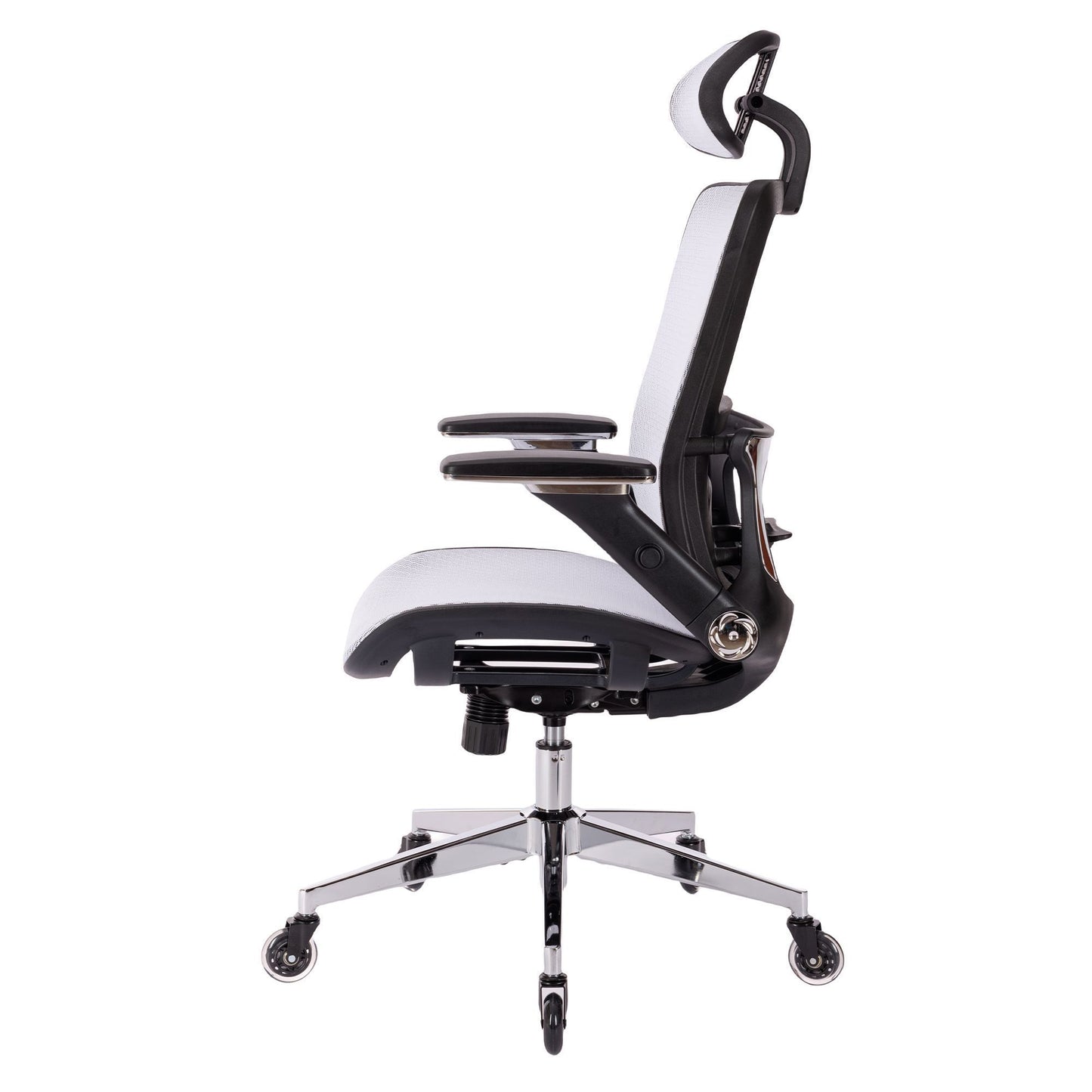 WHITE Ergonomic Mesh Office Chair, High Back - Adjustable Headrest with Flip-Up Arms, Tilt and lock Function, Lumbar Support and blade Wheels, KD chrome metal legs