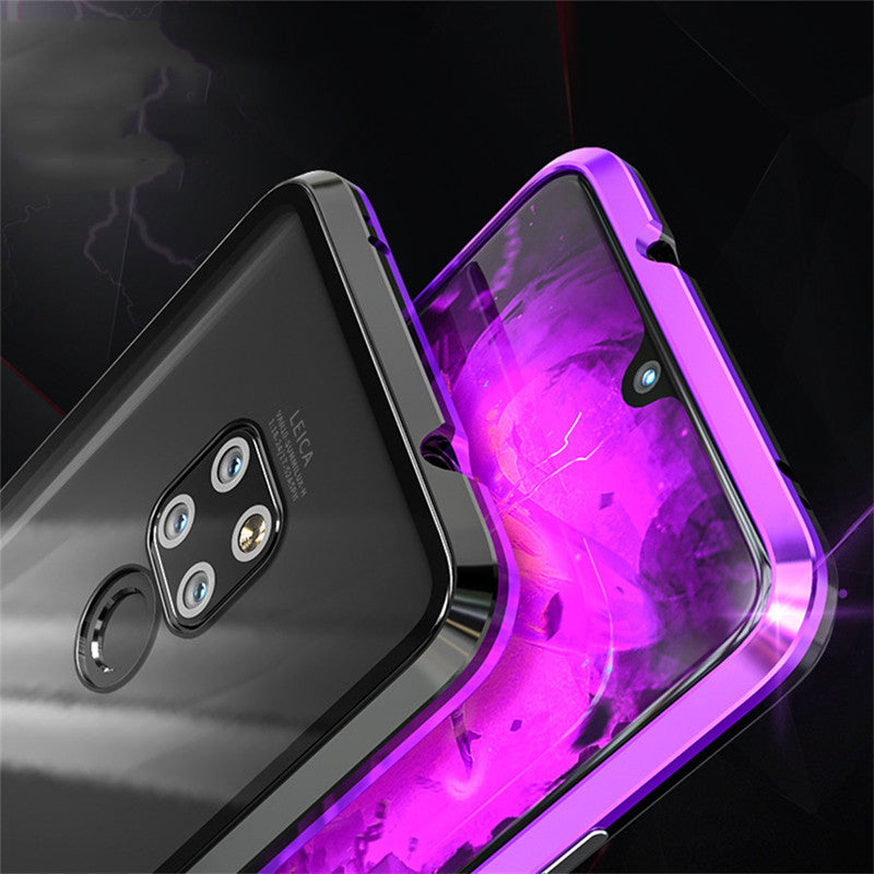 Smartphone with a purple reflective case on a dark background