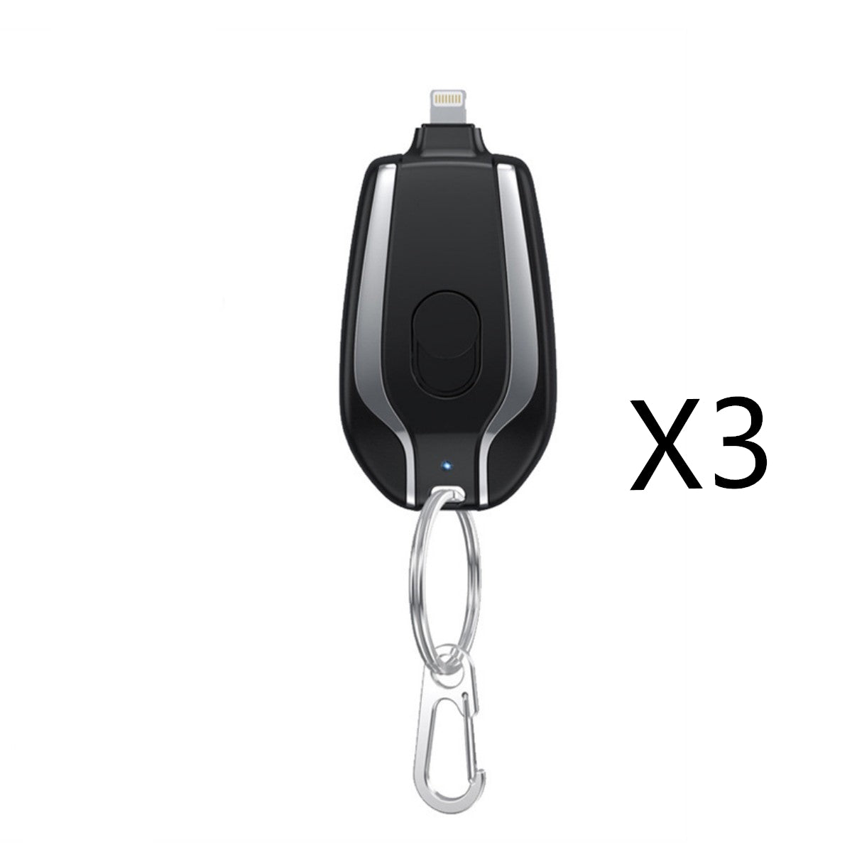 Black electronic device with carabiner on a white background, labeled 'X3'.