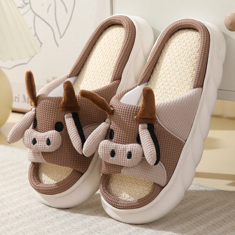 Cute Cartoon Cow Frog Slippers Linen Non-slip Shoes Indoor Garden Home Slippers. Raee-Industries.com