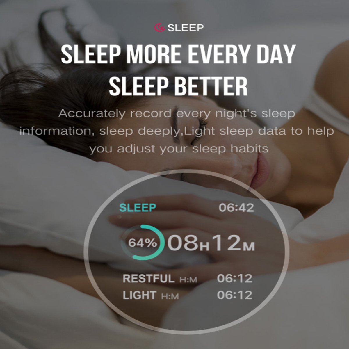 Advertisement for a sleep tracking device with a person sleeping and sleep data displayed.