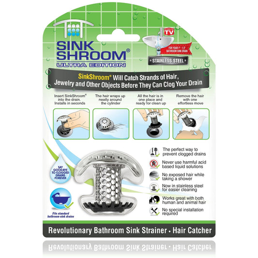 SinkShroom Ultra Edition packaging with product and features on a white background