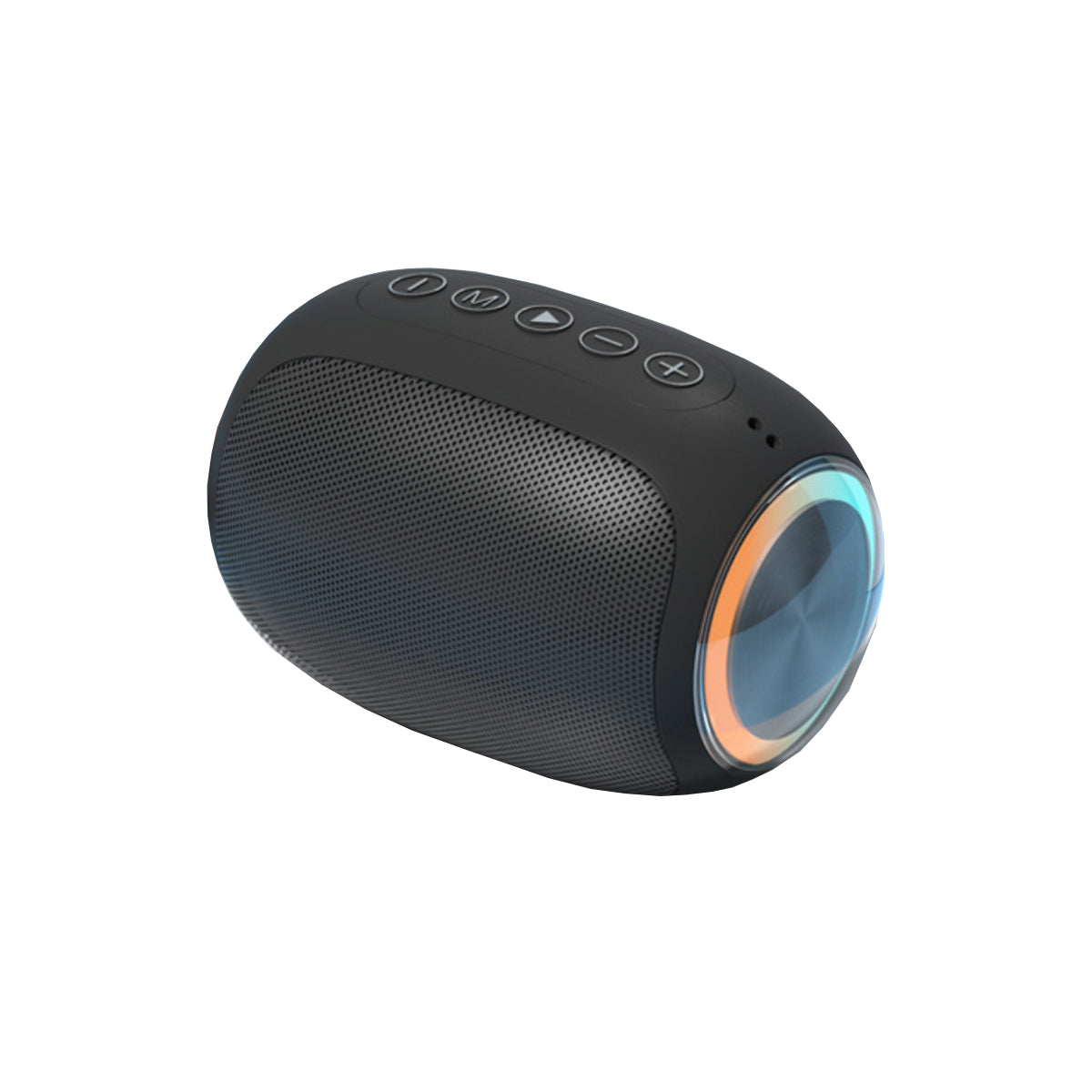 Black portable speaker with colorful LED accents on a white background. best noise cancelling headphones under $100. Ree Industries 