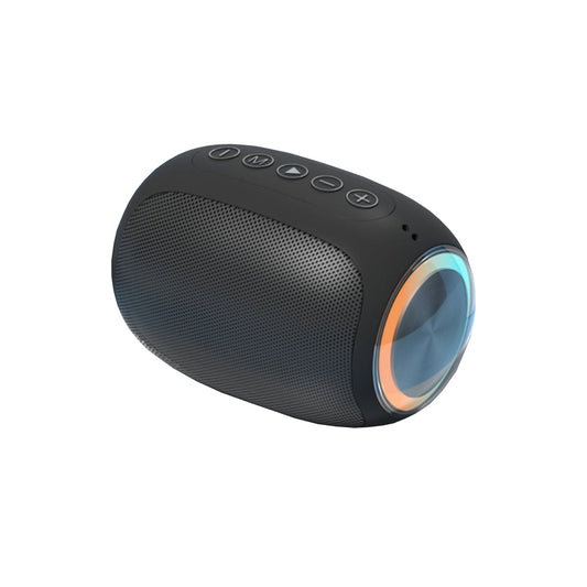 Black portable speaker with colorful LED accents on a white background. best noise cancelling headphones under $100. Ree Industries 