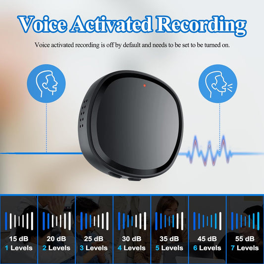 Black voice activated recording device with sound level indicators on a gradient background