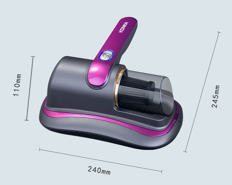 Vaccum cleaner head with purple handle and measurements on a light gray background