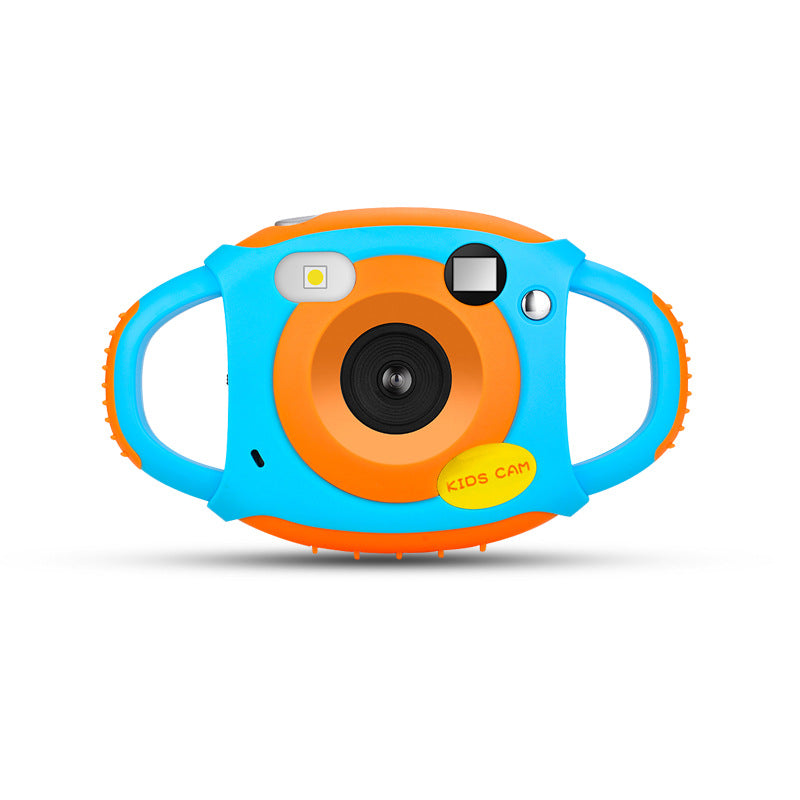 Toy camera with blue and orange design on a white background