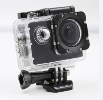 Action camera with clear front cover on a white background