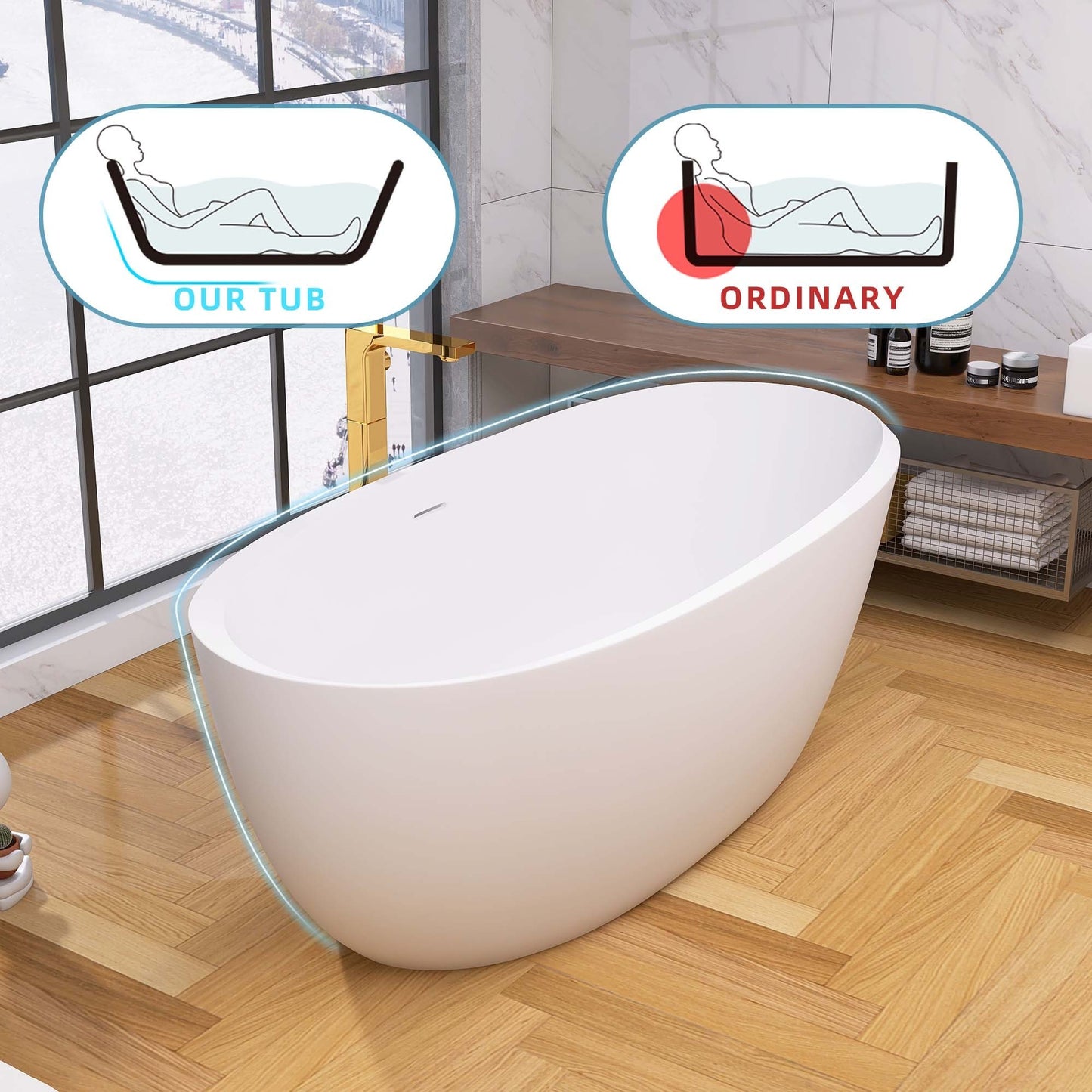 67" Acrylic Freestanding Bathtub Gloss White Modern Stand Alone Soaking Bathtub Adjustable with Integrated Slotted Overflow and Chrome Pop-up Drain Anti-clogging Easy to Install