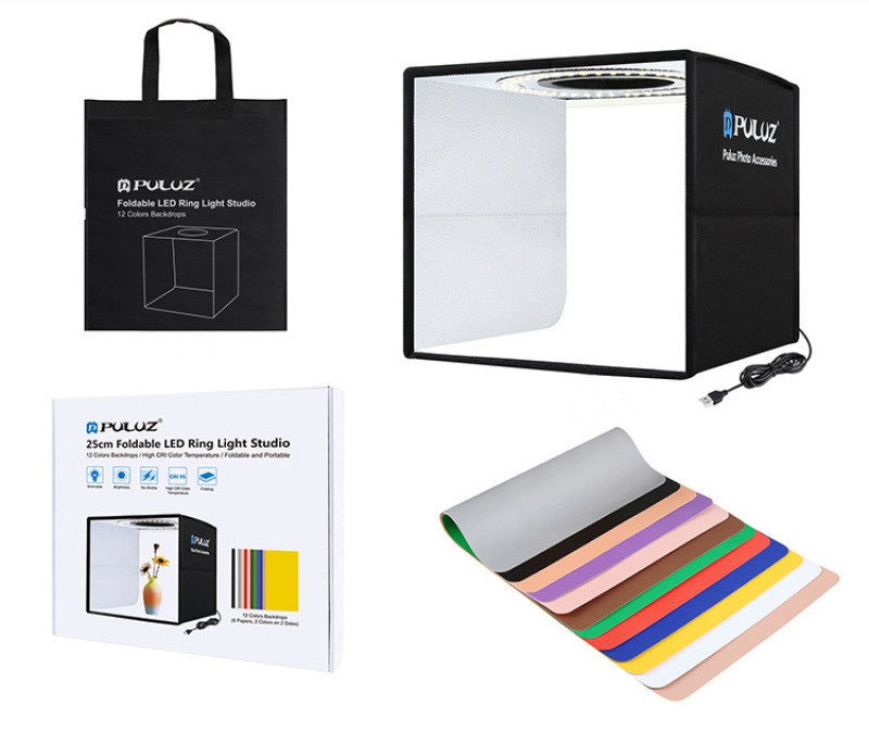 PULUZ LED ring light studio with packaging and color filters on a white background
