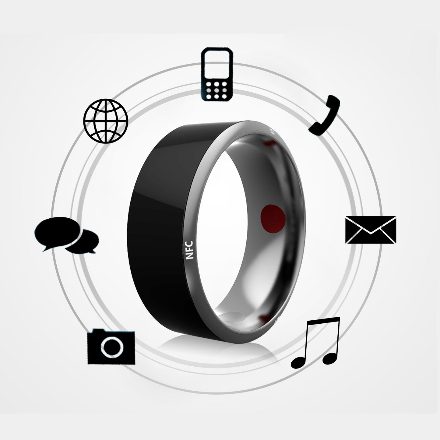Smart ring with various function icons on a white background