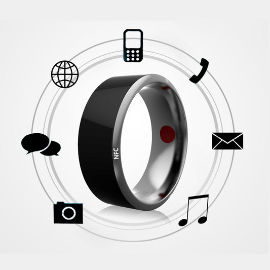 Smart ring with various function icons on a white background