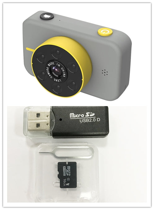 Small camera with accessories including a USB adapter, microSD card, and sim card on a white background
