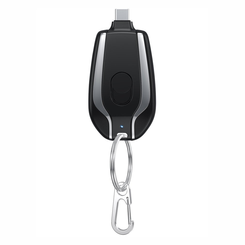 Black and silver keychain device with a carabiner on a white background