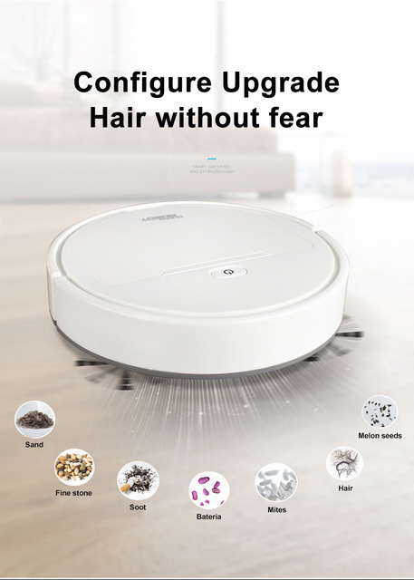 Robotic vacuum cleaner with text 'Configure Upgrade Hair without fear' on a light background.