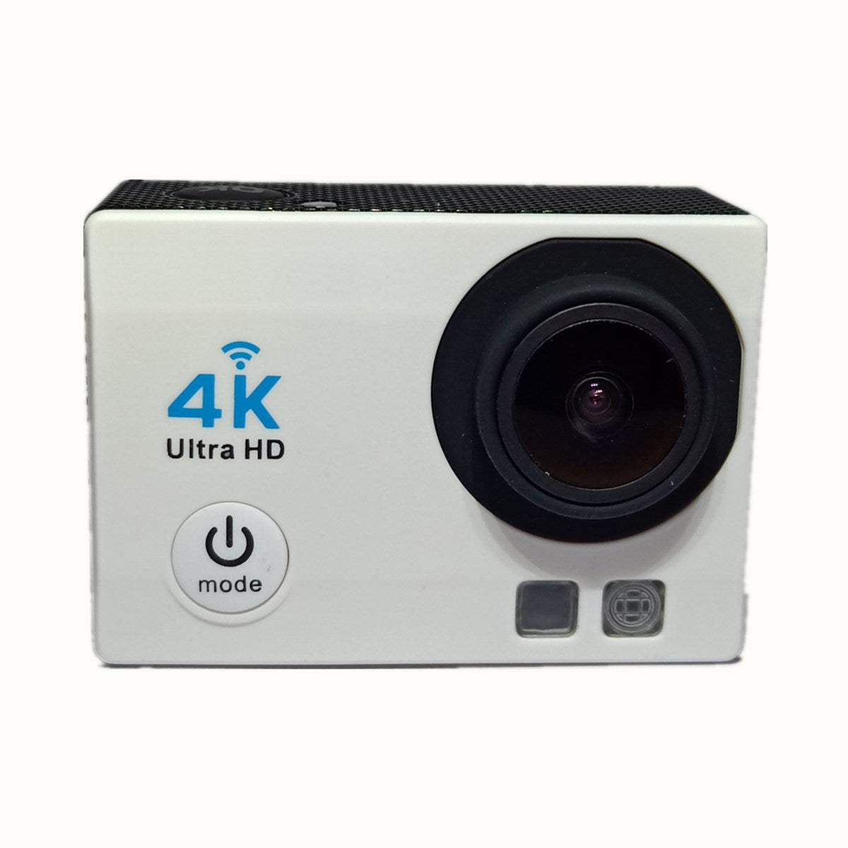 White action camera with 4K Ultra HD logo on a white background