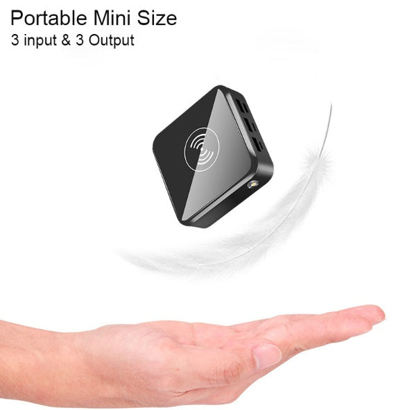 Portable electronic device with 3 input and 3 output ports on a white background