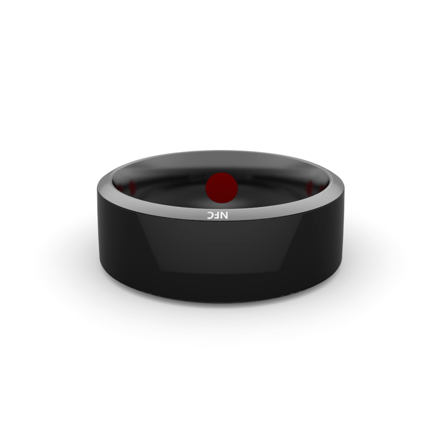 Black ring with a silver band and red dot on a white background