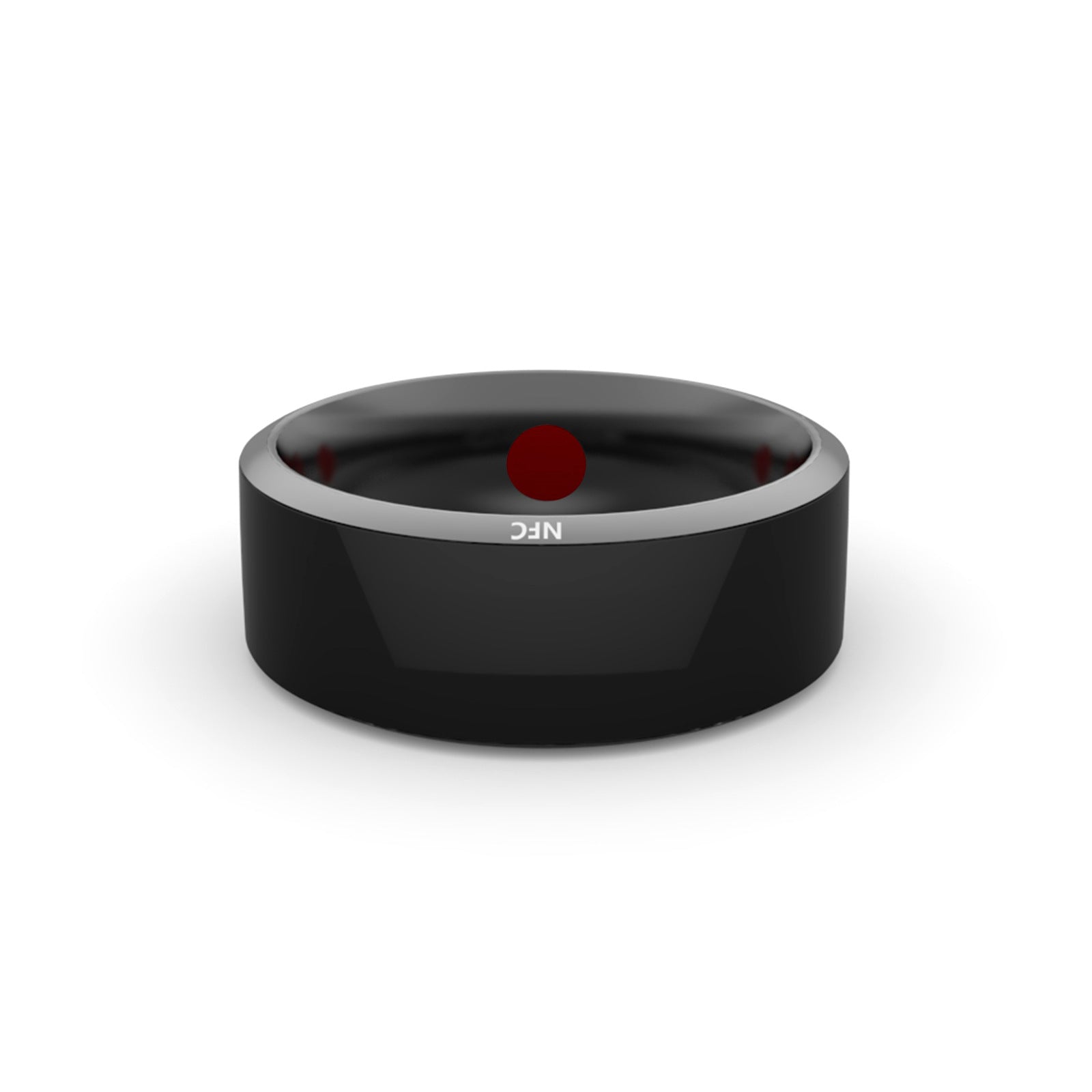 Black ring with a silver band and red dot on a white background