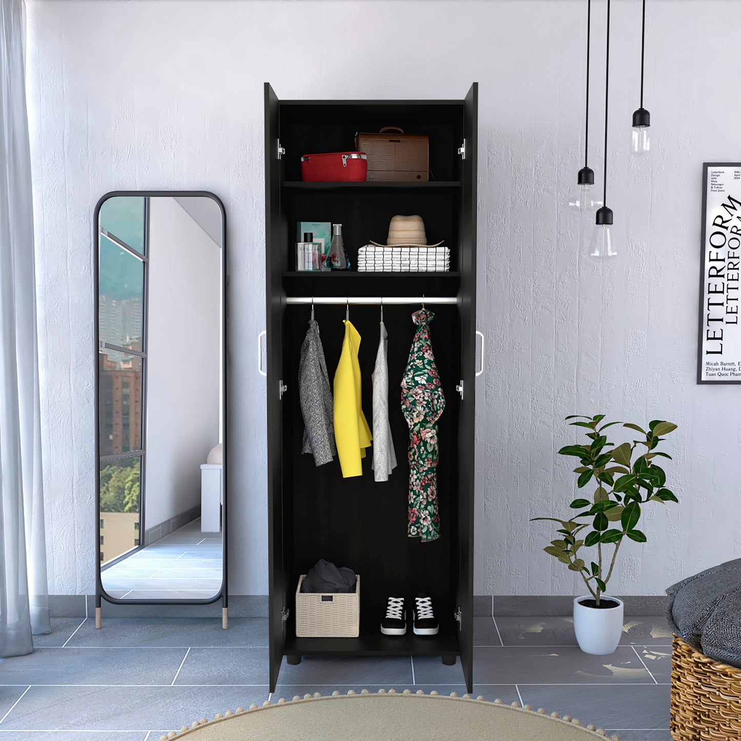 Aurora Armoire, Two Interior Shelves, Rod, Double Door -Black