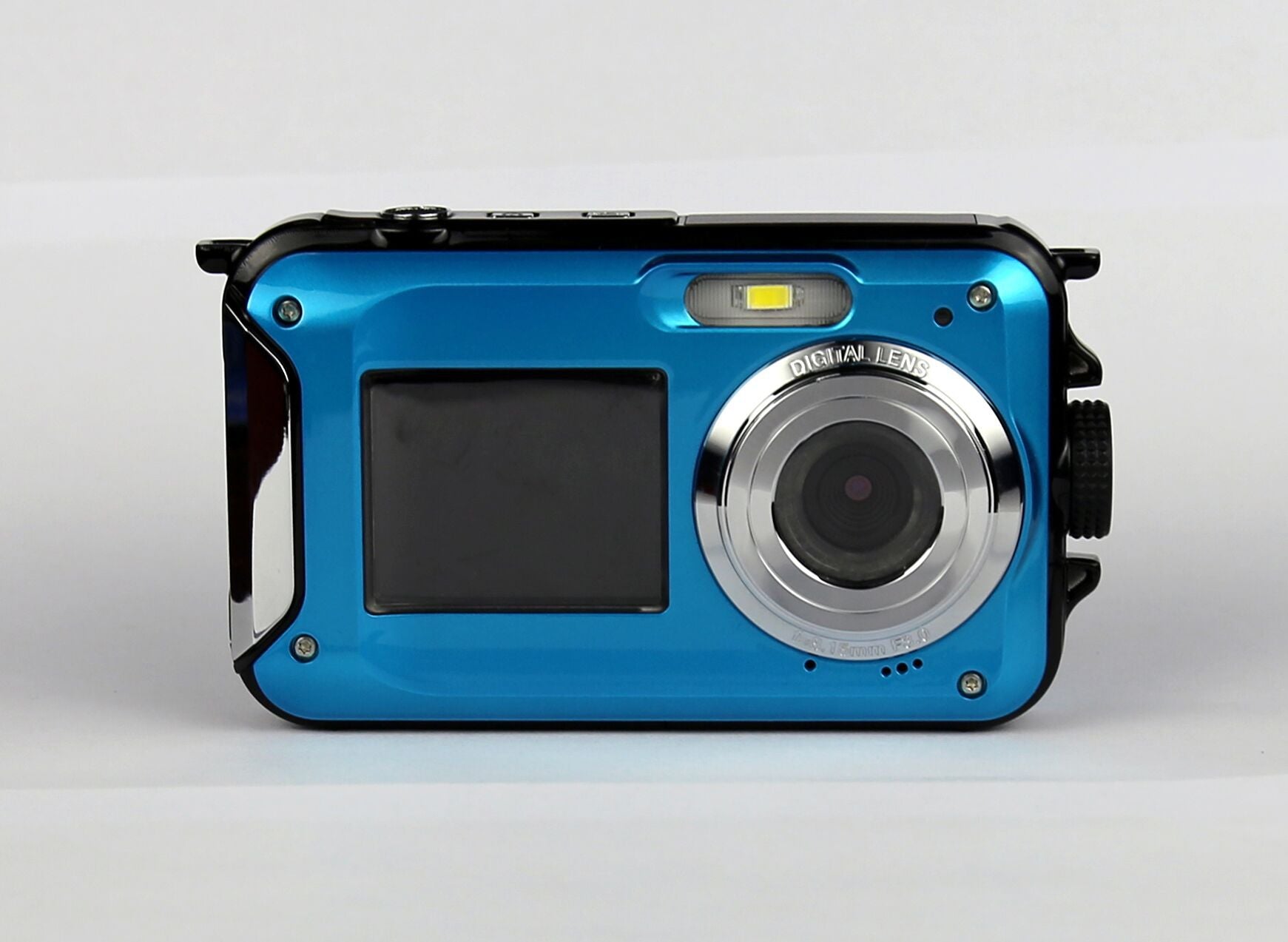Blue underwater camera on a light gray background
